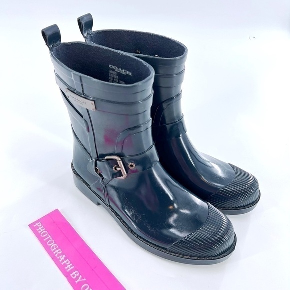 Coach Lester Short Calf Navy Blue Rubber Wellies Rain Boots with Buckle size 6 B - Picture 5 of 13
